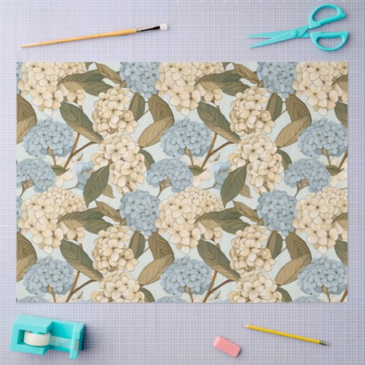 Blauwe en witte Hydrangea bloemen, en groene blade Tissuepapier (Craft)
