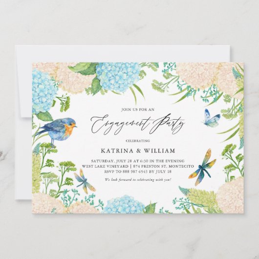 Blauwe en witte hydrangeas Botanisch Verloving Kaart (Voorkant)