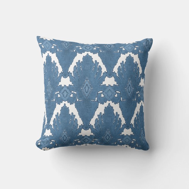 Blauwe en witte IKAT Damask Moroccan Pattern Art Kussen (Voorkant)