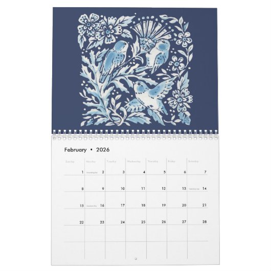 Blauwe en witte indigobosdieren kalender (Feb 2026)