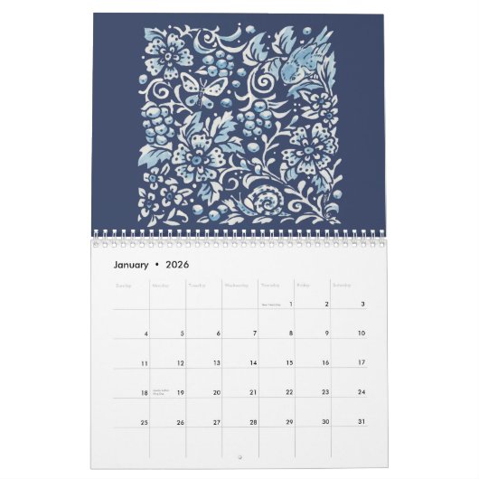 Blauwe en witte indigobosdieren kalender (Jan 2026)