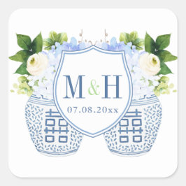 Blauwe en witte Initialen en datum huwelijk Vierkante Sticker