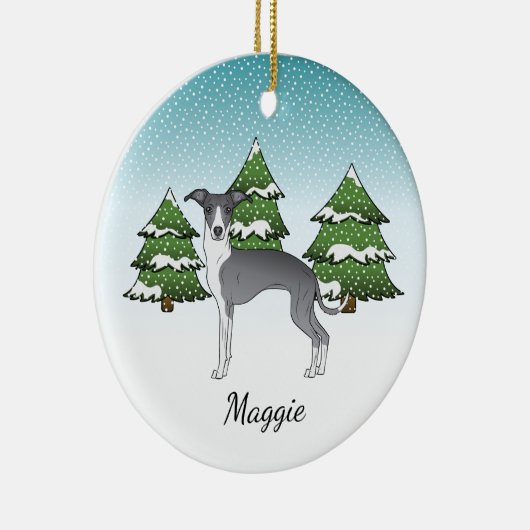 Blauwe en witte Italiaanse windhond in het winterb Keramisch Ornament (Rechts)