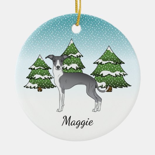 Blauwe en witte Italiaanse windhond in het winterb Keramisch Ornament (Voorkant)