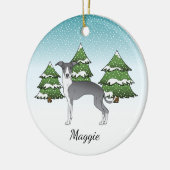 Blauwe en witte Italiaanse windhond in het winterb Keramisch Ornament (Links)