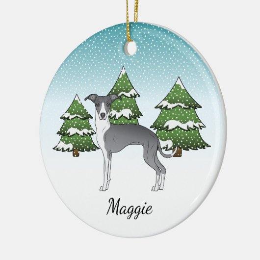 Blauwe en witte Italiaanse windhond in het winterb Keramisch Ornament (Links)