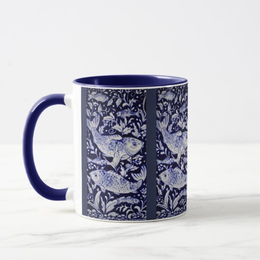 Blauwe en witte kabeljauw vis Indigo Intricate Mok (Links)
