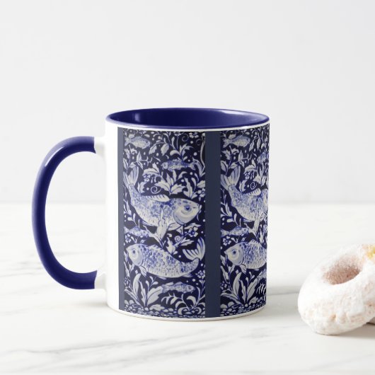 Blauwe en witte kabeljauw vis Indigo Intricate Mok (Met donut)