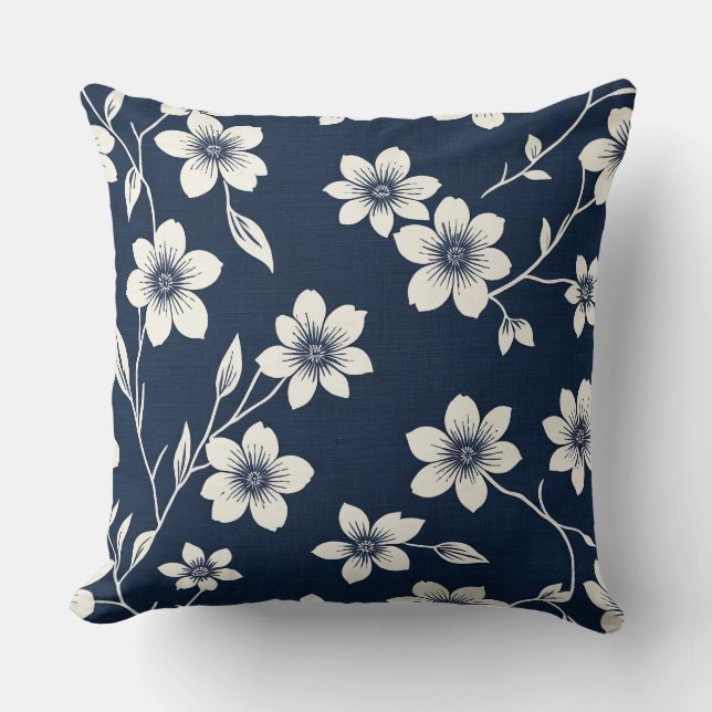 blauwe en witte kersenbloesems - Blok print-stijl Kussen (Voorkant)