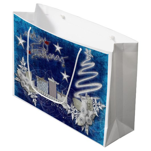 Blauwe en witte kerst met Rozen cadeautas (Voorkant Gekanteld)