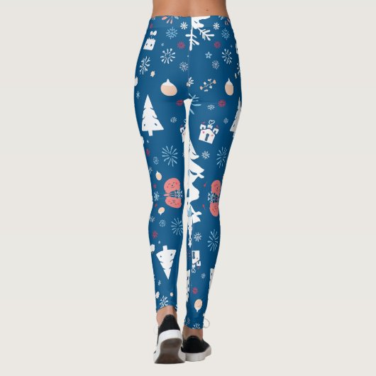 Blauwe en witte kerstbomen en sneeuwvlokken leggings (Achterkant)