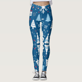 Blauwe en witte kerstbomen en sneeuwvlokken leggings