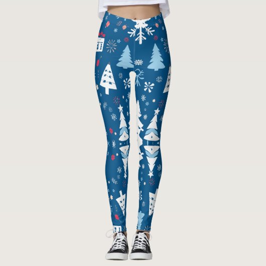 Blauwe en witte kerstbomen en sneeuwvlokken leggings (Voorkant)