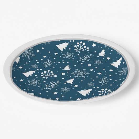 Blauwe en witte kerstbomen, sneeuwvlokken papieren bordje (Gekanteld)