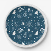 Blauwe en witte kerstbomen, sneeuwvlokken papieren bordje (Voorkant)