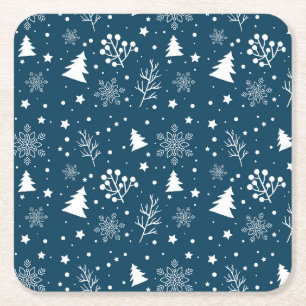 Blauwe en witte kerstbomen, Snowflakes Holiday Kartonnen Onderzetters