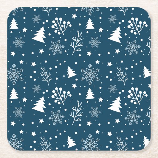 Blauwe en witte kerstbomen, Snowflakes Holiday Kartonnen Onderzetters (Voorkant)
