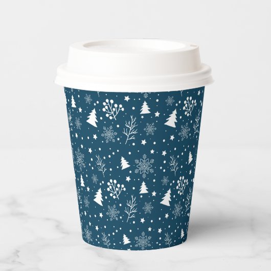 Blauwe en witte kerstbomen, Snowflakes Holiday Papieren Bekers (Voorkant)