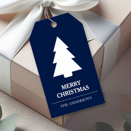 Blauwe en witte kerstboom cadeaulabel