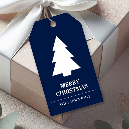 Blauwe en witte kerstboom cadeaulabel