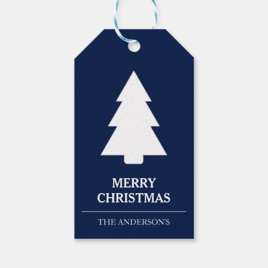 Blauwe en witte kerstboom cadeaulabel (Voorkant)