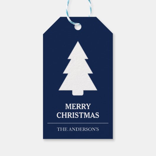 Blauwe en witte kerstboom cadeaulabel (Achterkant)