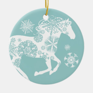 Blauwe en witte kerstpaarden keramisch ornament