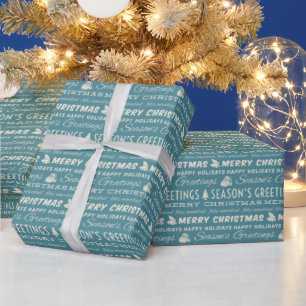 Blauwe en witte kerstrepografie cadeaupapier