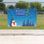 Blauwe en witte kerstsnowman Winter Scene Spandoek (Insitu)