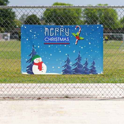 Blauwe en witte kerstsnowman Winter Scene Spandoek (Insitu)
