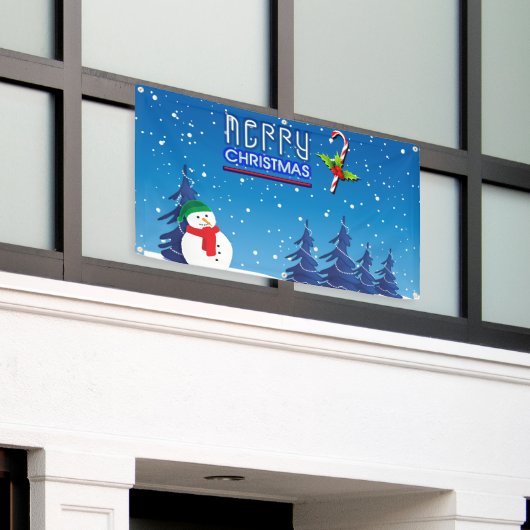 Blauwe en witte kerstsnowman Winter Scene Spandoek (Buitenkant Gebouw)