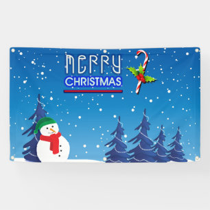 Blauwe en witte kerstsnowman Winter Scene Spandoek
