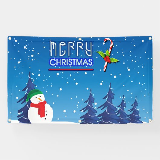 Blauwe en witte kerstsnowman Winter Scene Spandoek (Horizontaal)