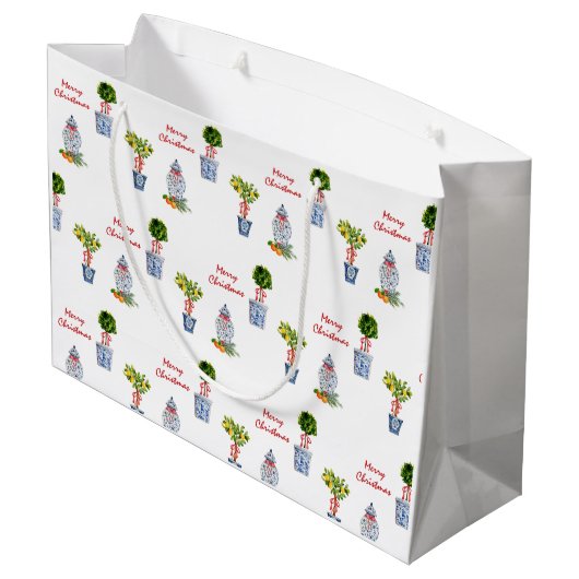 Blauwe en witte kersttas groot cadeauzakje (Achterkant Gekanteld)