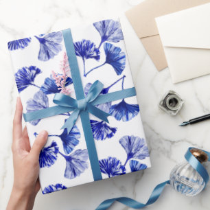 Blauwe en witte kiekenbladeren cadeaupapier