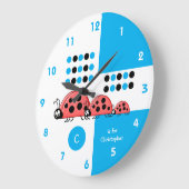 Blauwe en witte kinder ladyvogels met naam grote klok (Hoek)