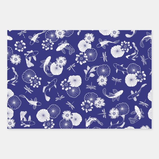 Blauwe en witte koi vis in het Lotus Pond Pattern Inpakpapier Vel (Voorkant)