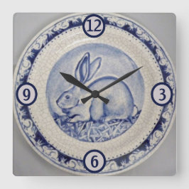 Blauwe en witte konijn Bunny Pottery China Dedham  Vierkante Klok
