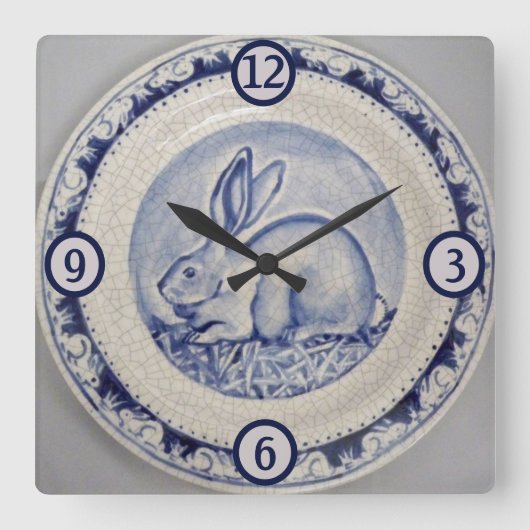 Blauwe en witte konijn Bunny Pottery China Dedham  Vierkante Klok (Voorkant)