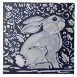 Blauwe en witte konijn Floral Designer 6-inch tapi Tegeltje