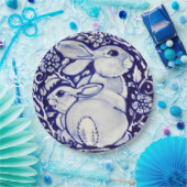 Blauwe en witte konijn Floral Designer Paper Borde Papieren Bordje (Feest)