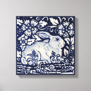 Blauwe en witte konijn Floral Snail Leaf Chinois A Canvas Afdruk