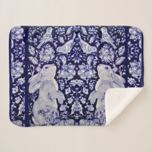 Blauwe en witte konijn Vogelbos Navy Floral Art Sherpa Deken