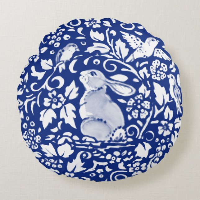 Blauwe en witte konijnenkooi rond kussen (Voorkant)