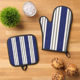 Blauwe en Witte Kuststrepen Ovenwant & Pannenlap Set