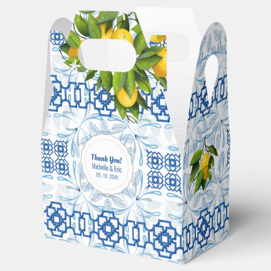 Blauwe en witte Lemon Mediterrane bruiloft Bedankdoosjes (Geopend)