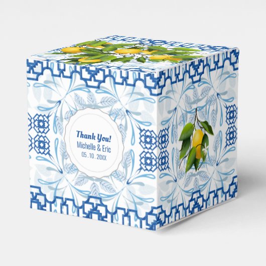Blauwe en witte Lemon Mediterrane bruiloft Bedankdoosjes (Voorkant Zijde)