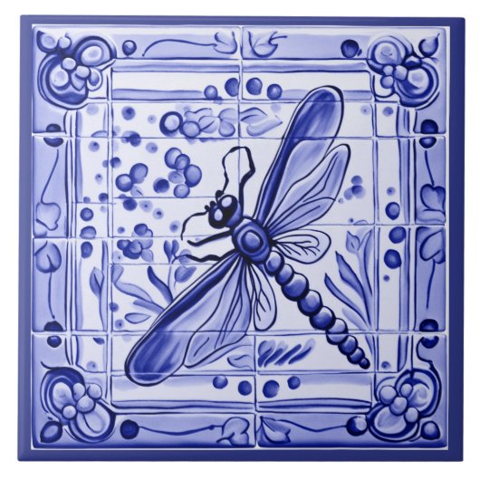 Blauwe en witte libel mediterrane volkskunst tegeltje (Voorkant)