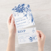 Blauwe en witte lijn kunst bloemen bruiloft all in one uitnodiging (Afscheurbaar)