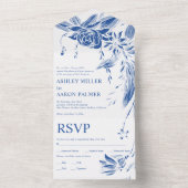 Blauwe en witte lijn kunst bloemen bruiloft all in one uitnodiging (Binnen)